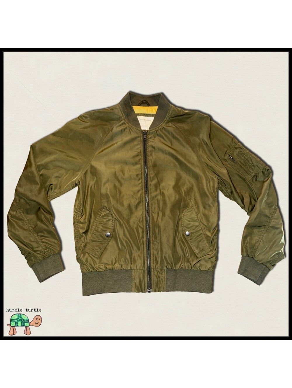 Stradivarius Olive Green Bomber Jacket with Yellow Lining | Size M